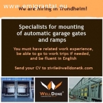 WelldoneTK AS ilgalaikiam darbui ieško automatinių garažo vartų montuotojų Trondheim mieste
